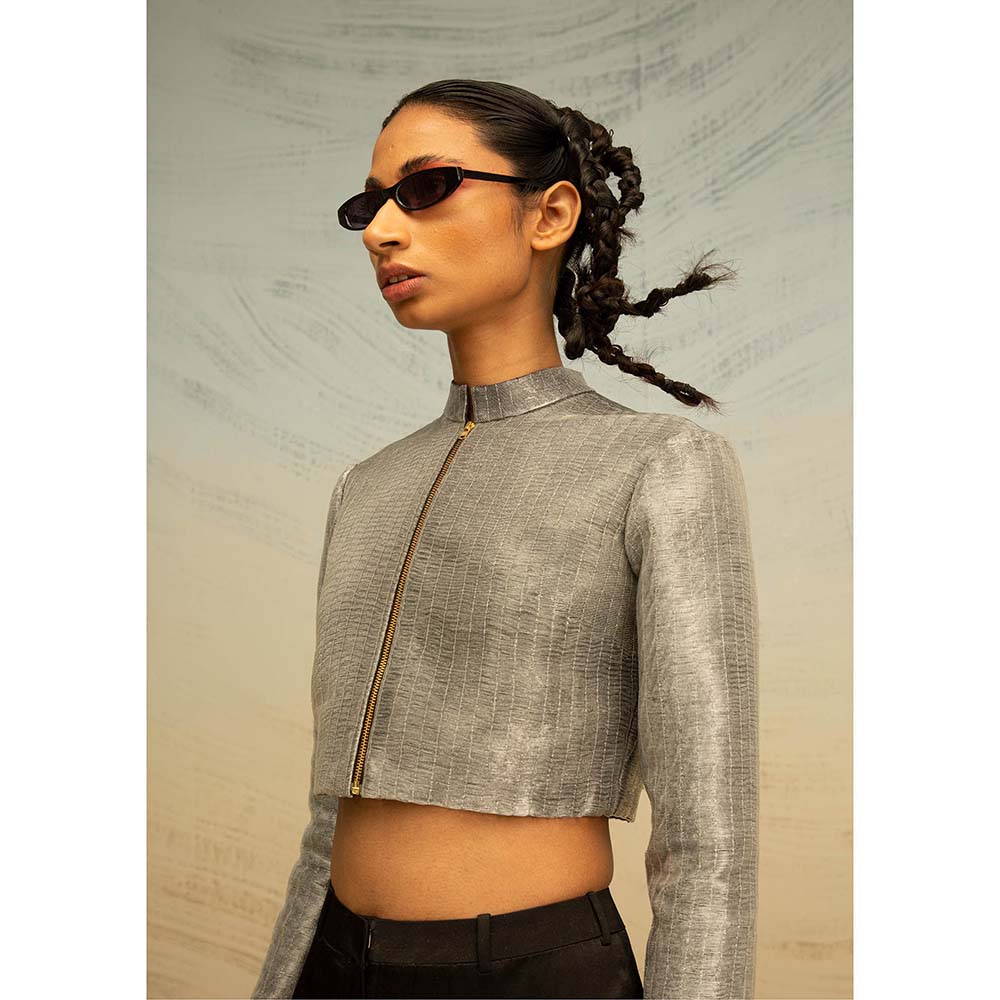 AKHL Silver Tailored Lurex Glass Cropped Jacket