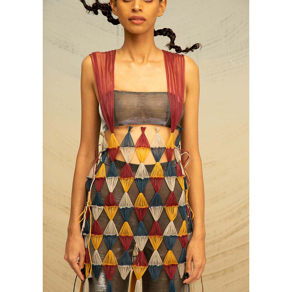 AKHL Multi-Colour Interwoven Bustier with Pant and Overlay (Set of 3)