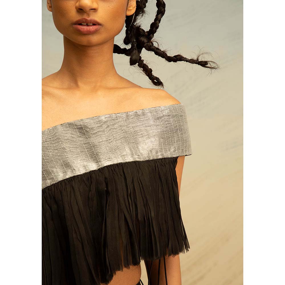 AKHL Black Grecian Crop Top with Organza Fall Drapes