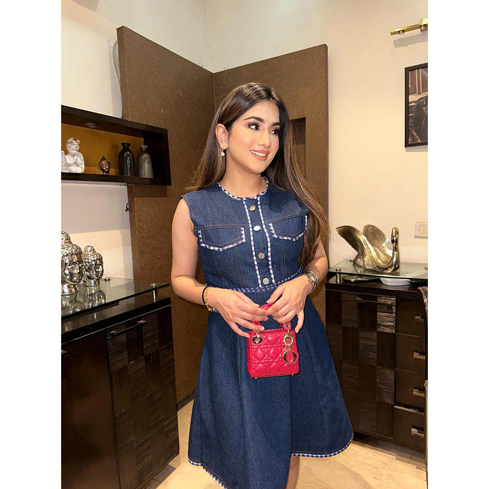 AKSH INDIA Blue Gingham Denim Skater Dress with Belt