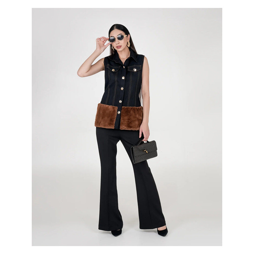 AKSH INDIA Black Fur Denim Co-Ord Set