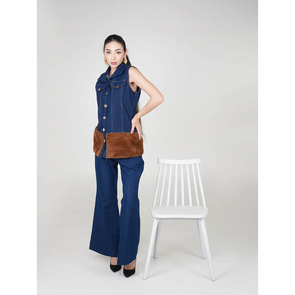 AKSH INDIA Ecru Fur Denim Blue Co-Ord Set