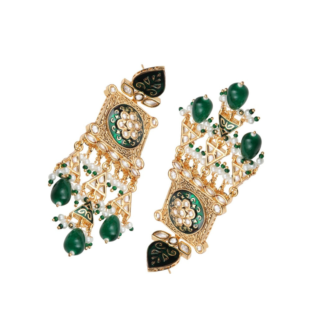 Akulya Jewels Green Kundan and Meena Danglers