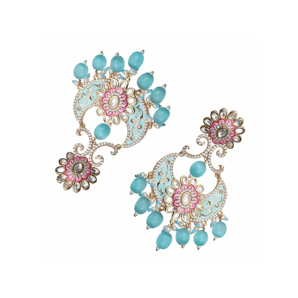Akulya Jewels Turquoise and White Kundan Meenkari Chandbalis