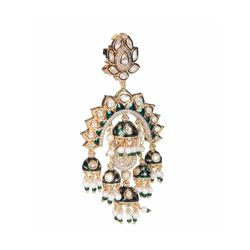 Akulya Jewels Gold Finish Green Minakari Kundan Chandbalis