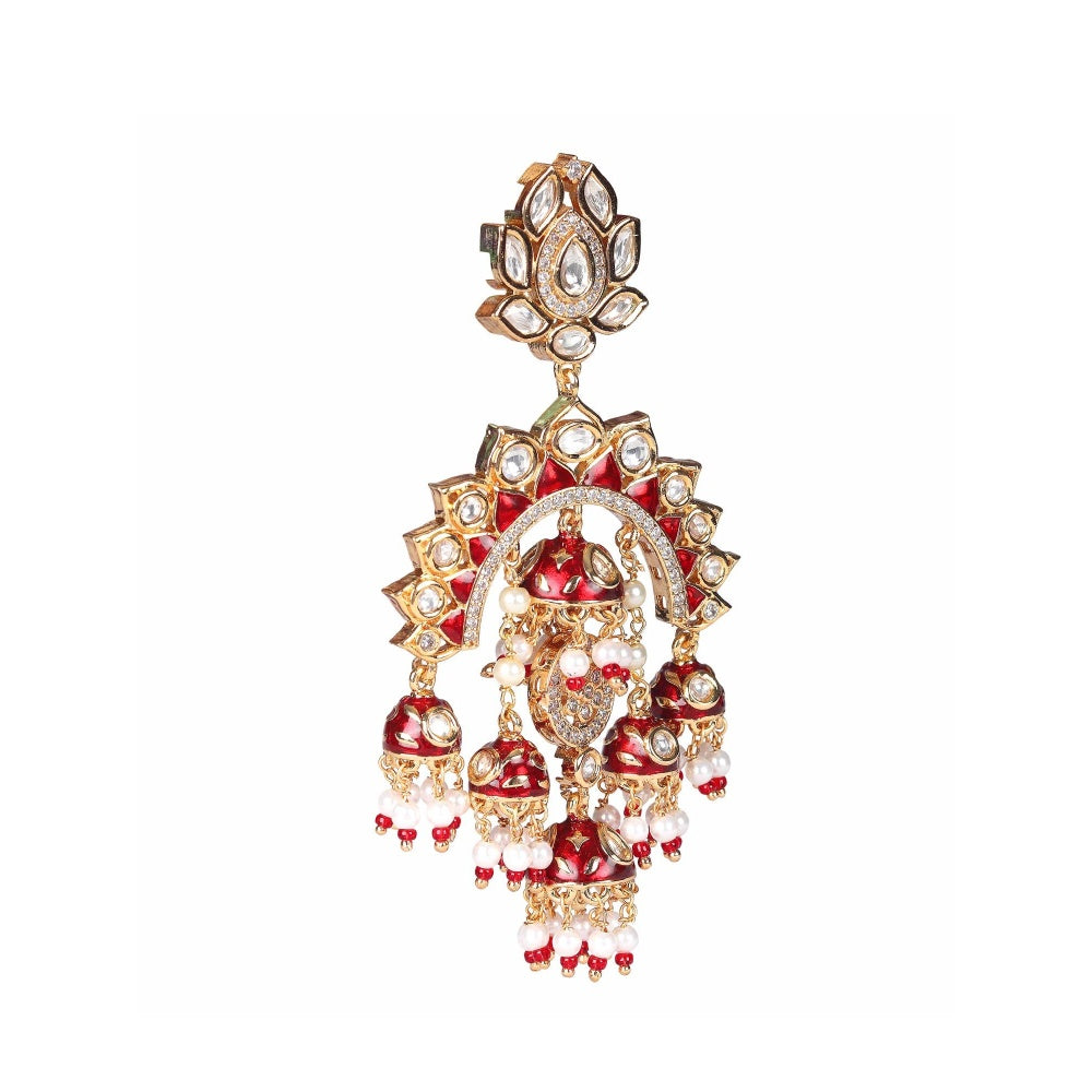 Akulya Jewels Gold Finish Red Minakari Kundan Chandbalis