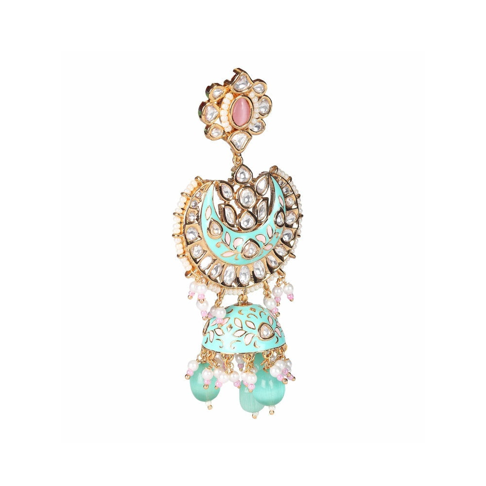 Akulya Jewels Mint Green and Pink Minakari Kundan Chandbalis