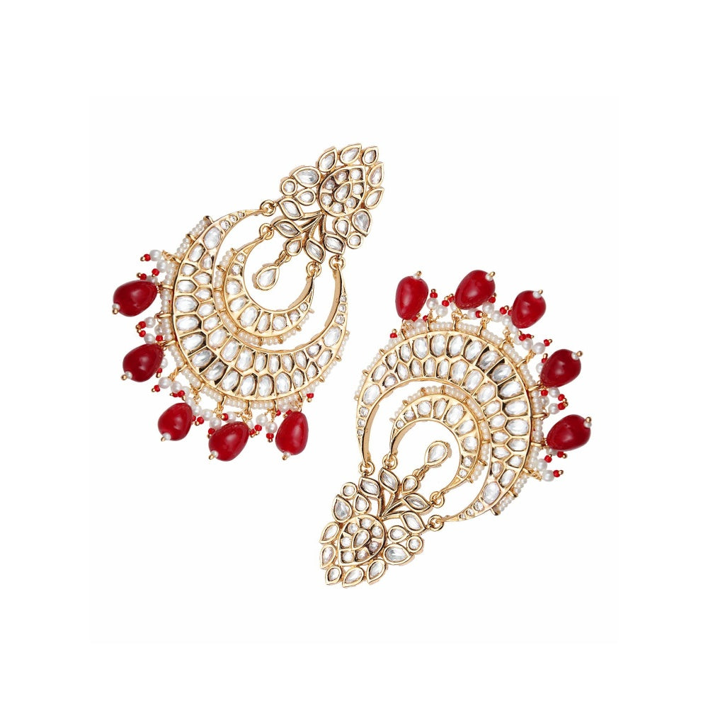 Akulya Jewels Gold Finish Kundan and Polki Red Chandbalis