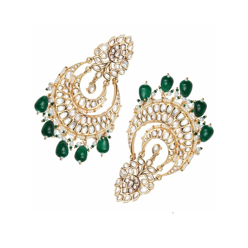Akulya Jewels Gold Finish Kundan and Polki Green Chandbalis