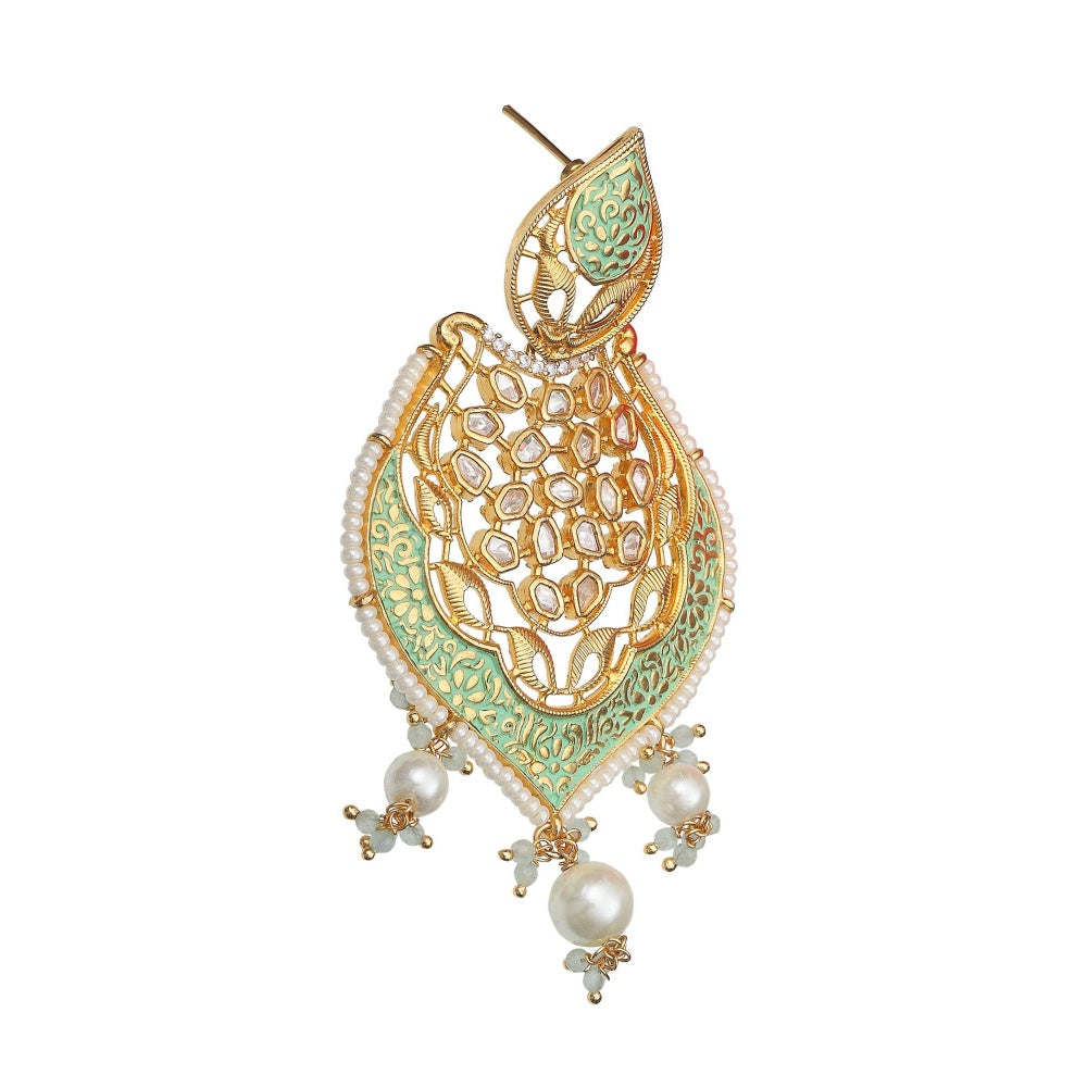 Akulya Jewels Gold Finished Mint Green Brass Danglers with Antique Minakari and Kundan Work