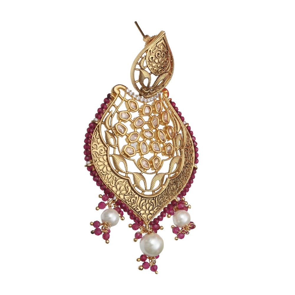 Akulya Jewels Gold Finished Red Brass Danglers with Antique Minakari and Kundan Work