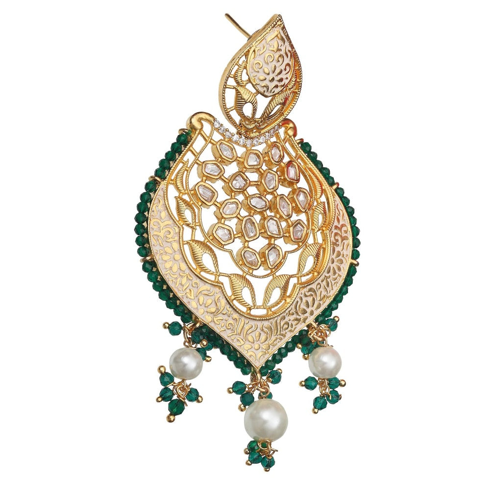 Akulya Jewels Gold Finished Dark Green Brass Danglers with Antique Minakari and Kundan Work