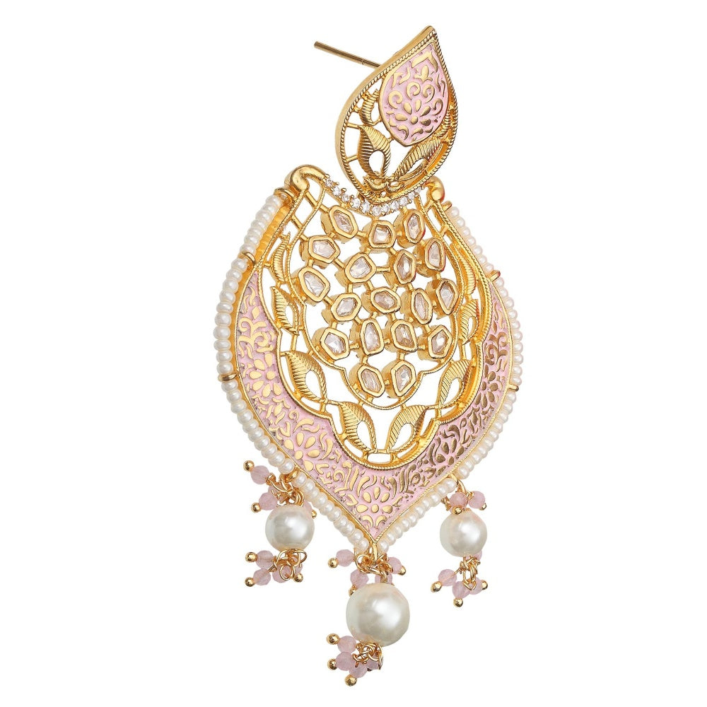 Akulya Jewels Gold Finished Pink Brass Danglers with Antique Minakari and Kundan Work