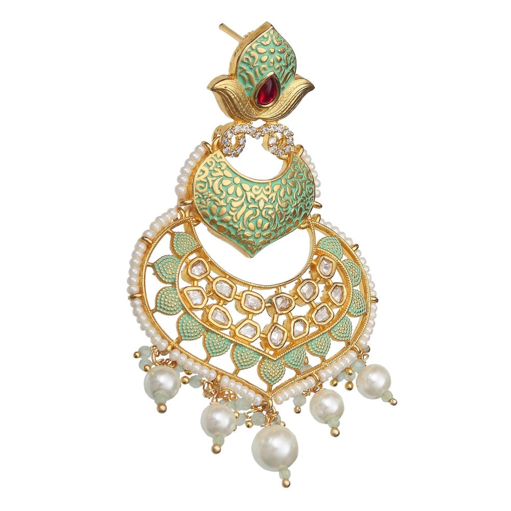 Akulya Jewels Mint Green Minakari Kundan Chandbali with Delicate Faux Diamonds and White Beads.