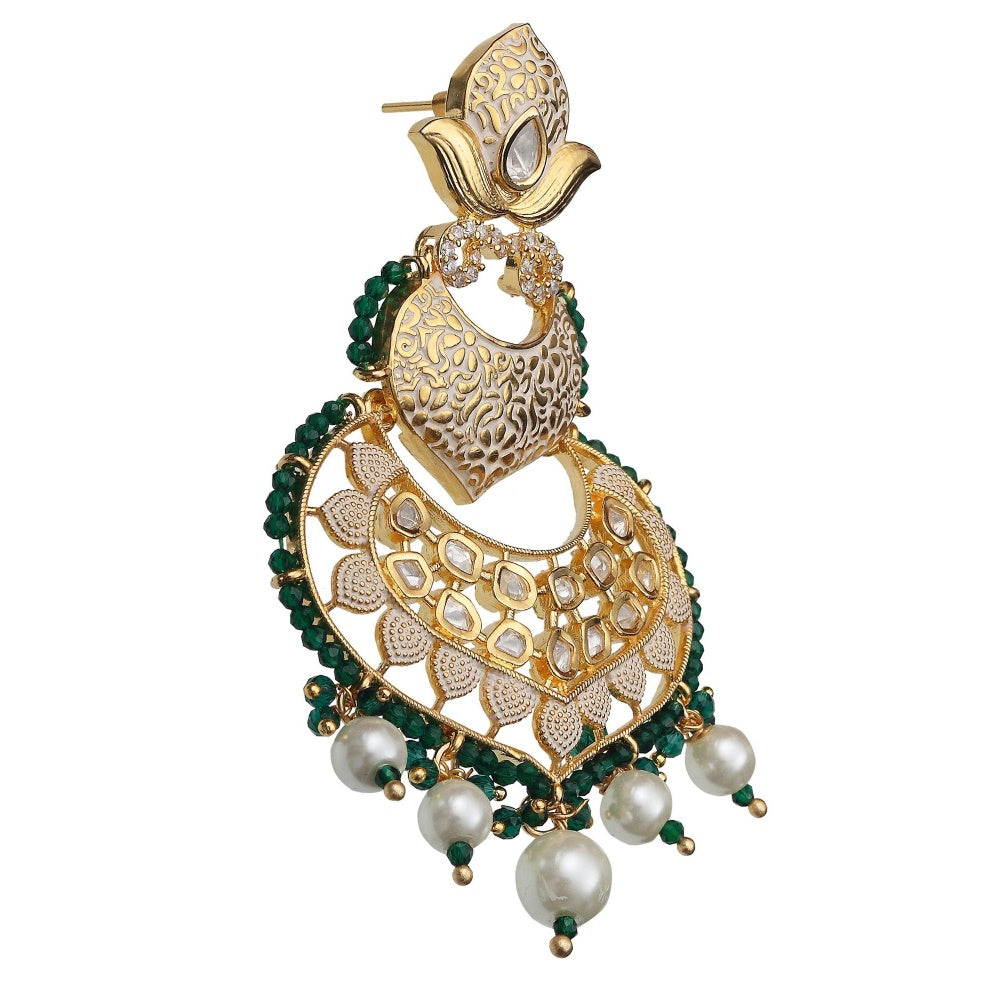 Akulya Jewels Dark Green Kundan Chandbali with Faux Diamonds and White Beads.