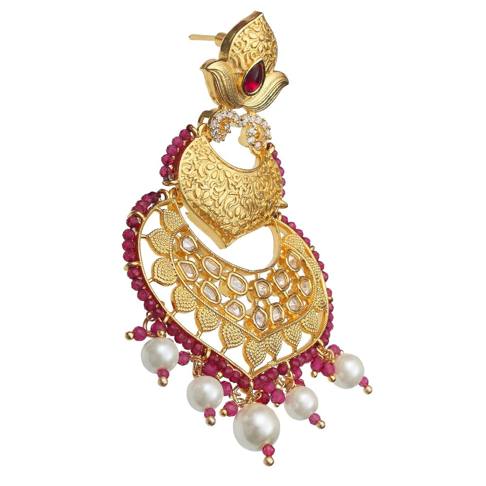 Akulya Jewels Kundan with Faux Diamonds Chandbali Red and White Beads.