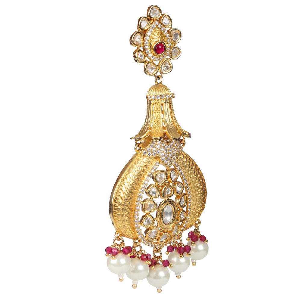Akulya Jewels Antique Kundan Danglers with Delicate Faux Diamonds Red and White Beads.