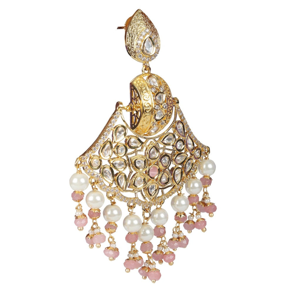 Akulya Jewels Kundan Chandbalis with Blush Pink and White Beads.
