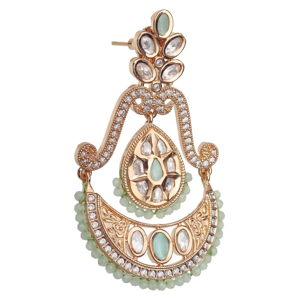 Akulya Jewels Kundan Chandbalis with Delicate Faux Diamonds and Mint Beads.
