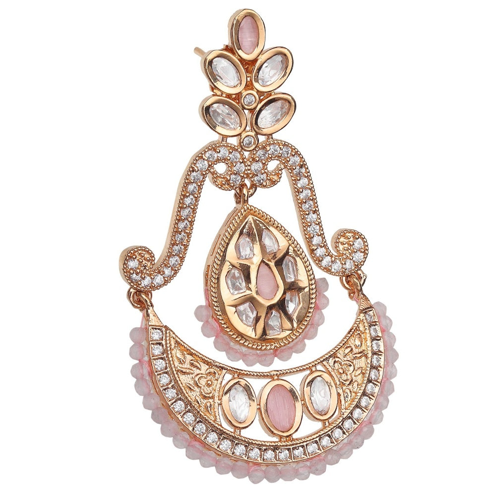 Akulya Jewels Kundan Chandbalis with Delicate Faux Diamonds and Blush Pink Beads.