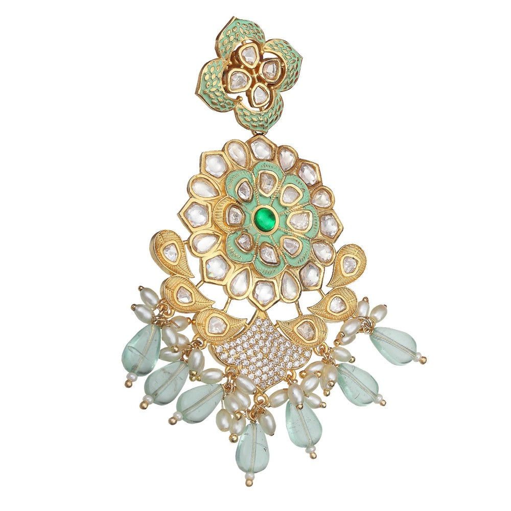 Akulya Jewels Kundan Chandbalis with Faux Diamonds and Green Beads