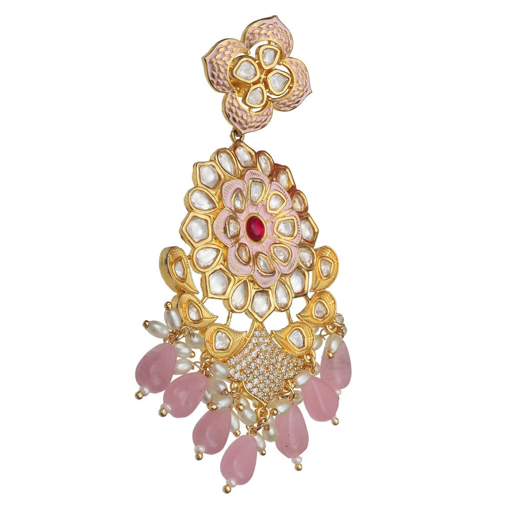 Akulya Jewels Kundan Chandbalis with Faux Diamonds and Pink Beads
