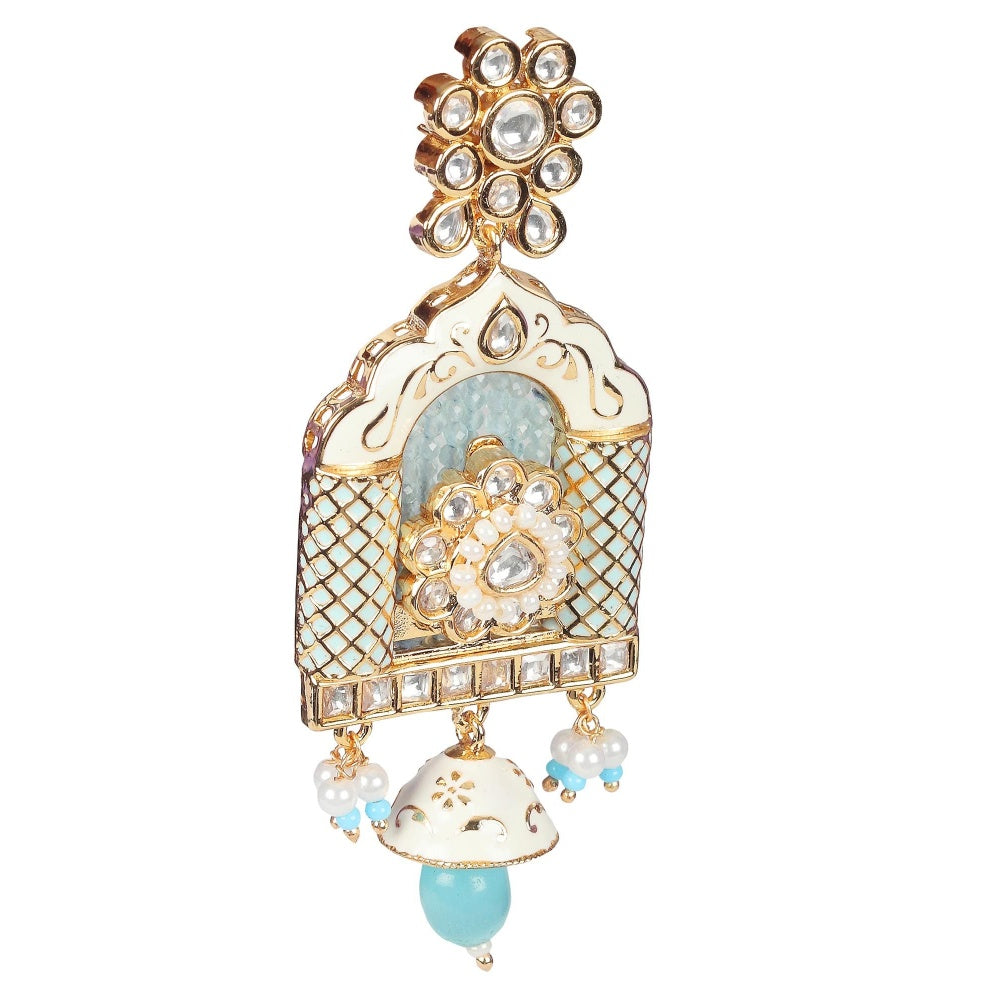 Akulya Jewels Aqua Blue Minakari Kundan Jharokha Styled Danglers