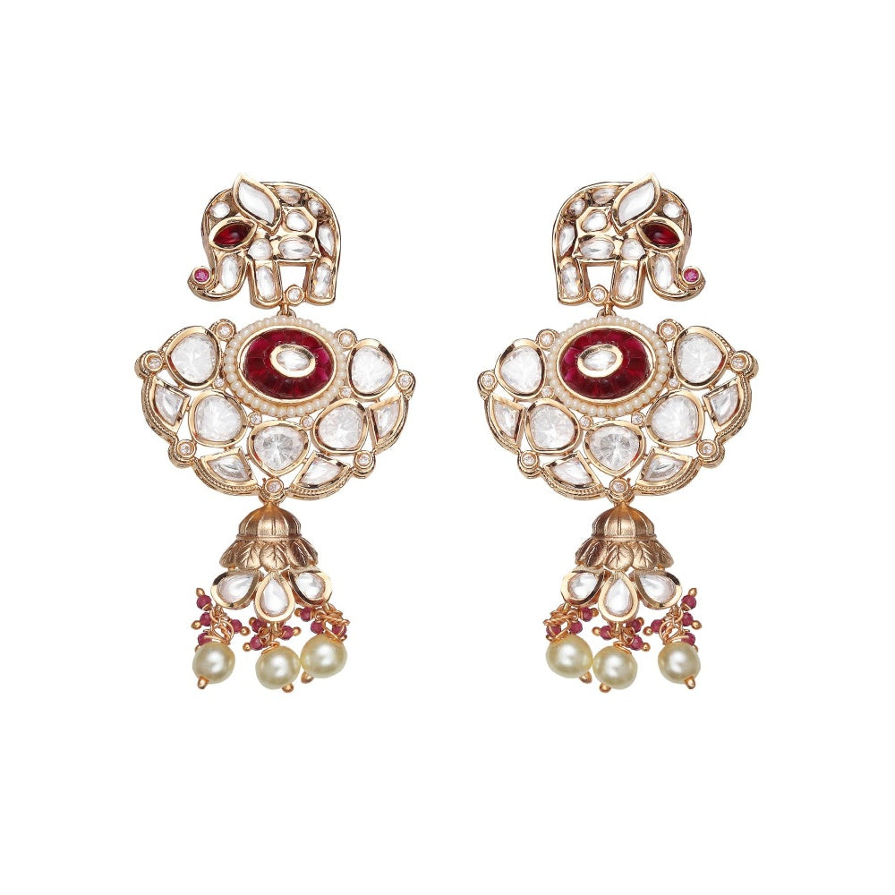 Akulya Jewels Red Kundan Polki Elephant Motif Jewellery (Set of 2)