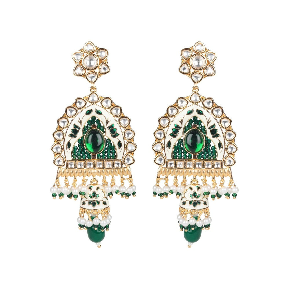 Akulya Jewels Emerald Green and White Kundan and Minakari Long Necklace (Set of 2)
