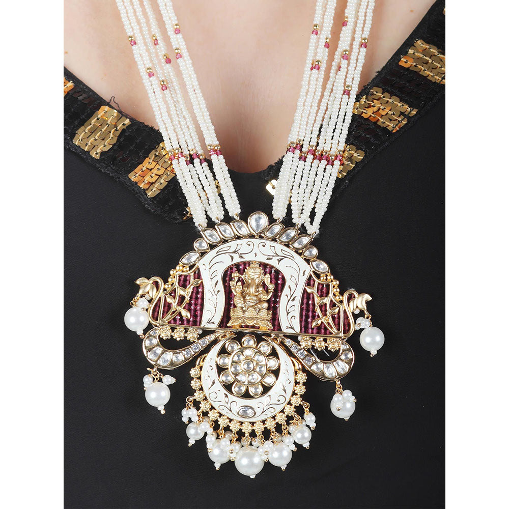 Akulya Jewels Lord Ganesha Kundan and Minakari Long Necklace with Beads (Set of 2)