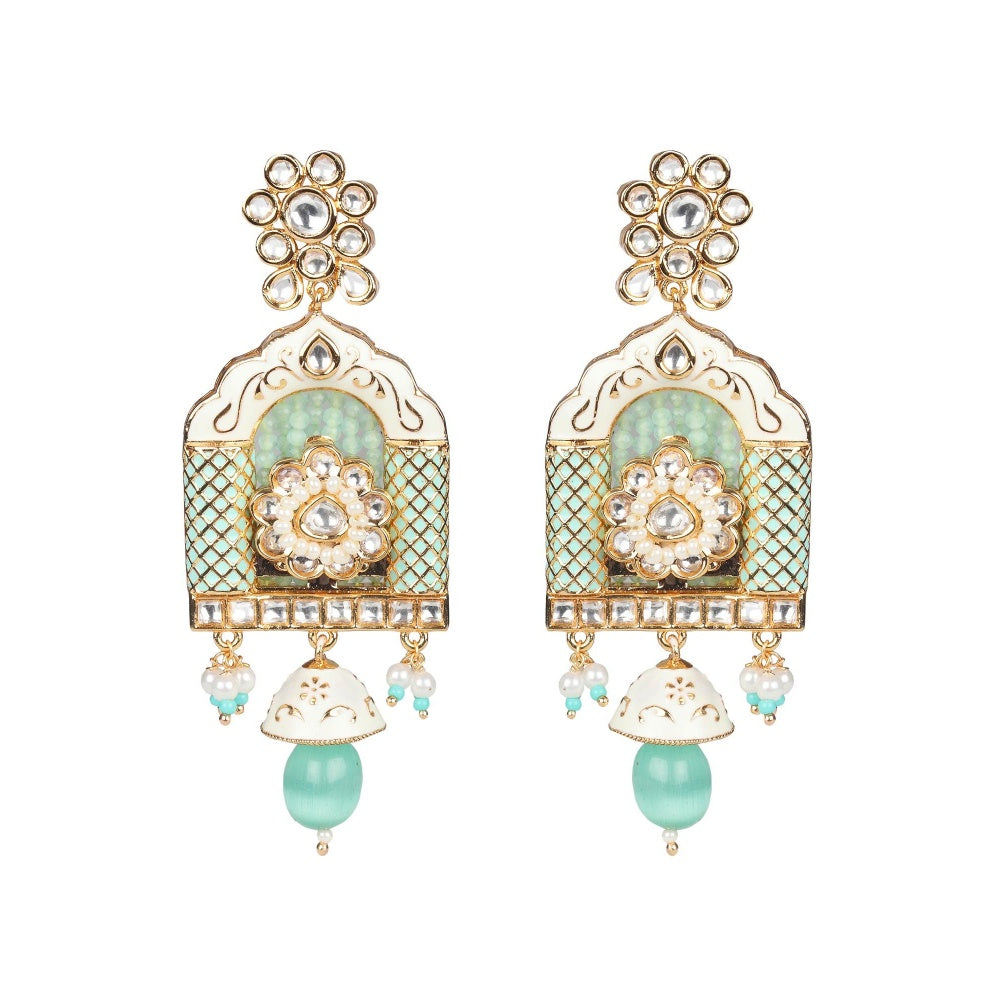 Akulya Jewels Jharoka Shaped Kundan and Mint Green Minakari Long Necklace (Set of 2)