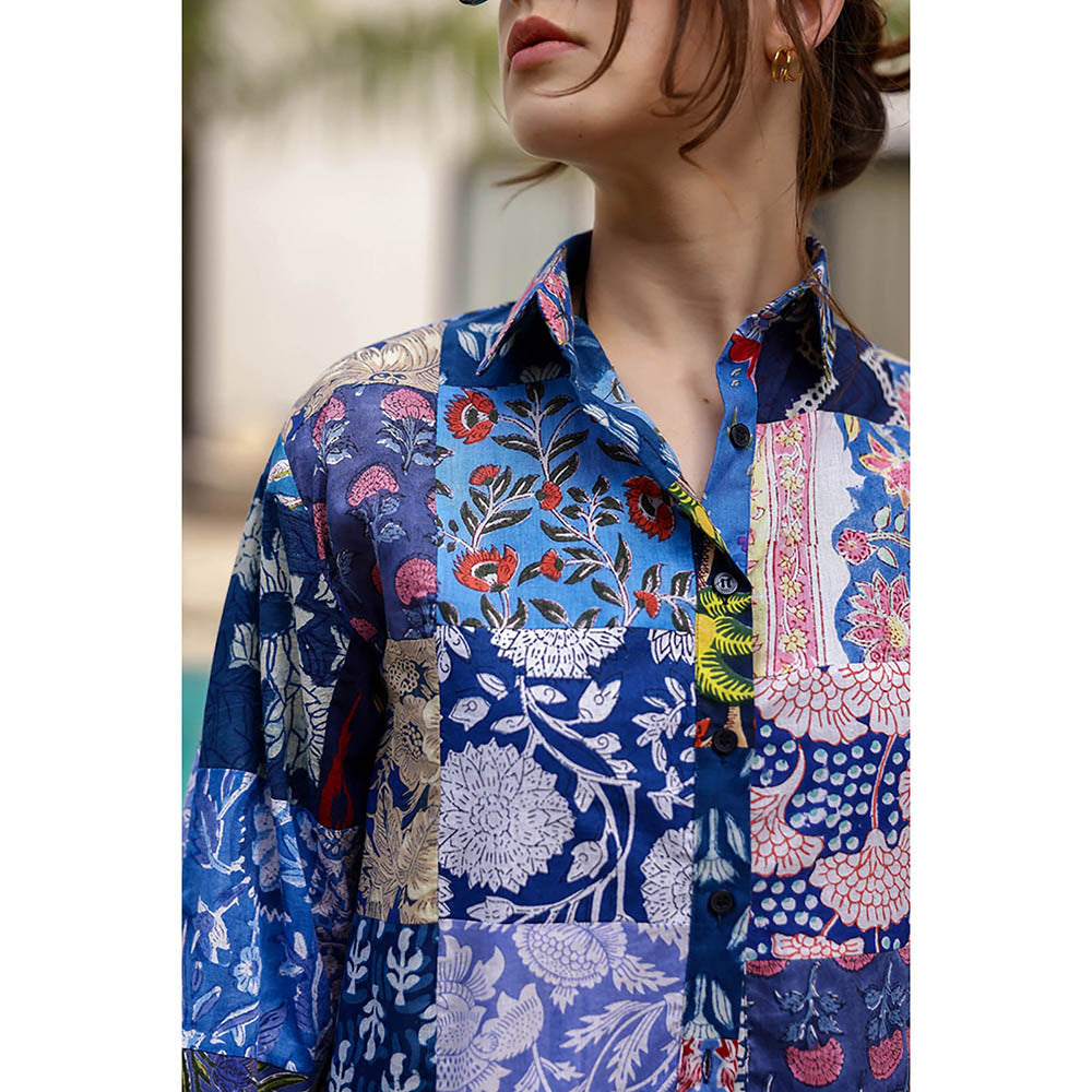 AlterEGO Blue Havana Upcycled Printed Patch Shirt