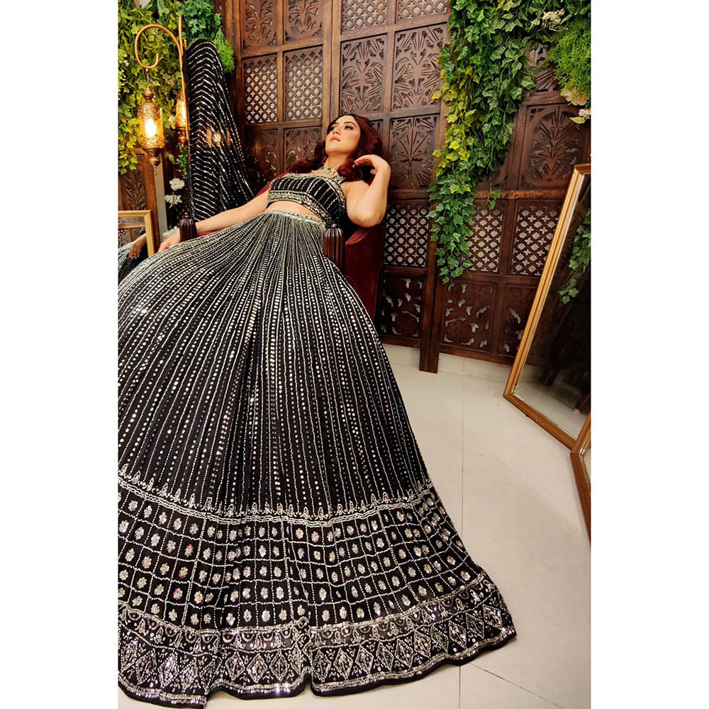 Amaltas Couture Kinza Black Embroidered Blouse with Lehenga and Dupatta (Set of 3)