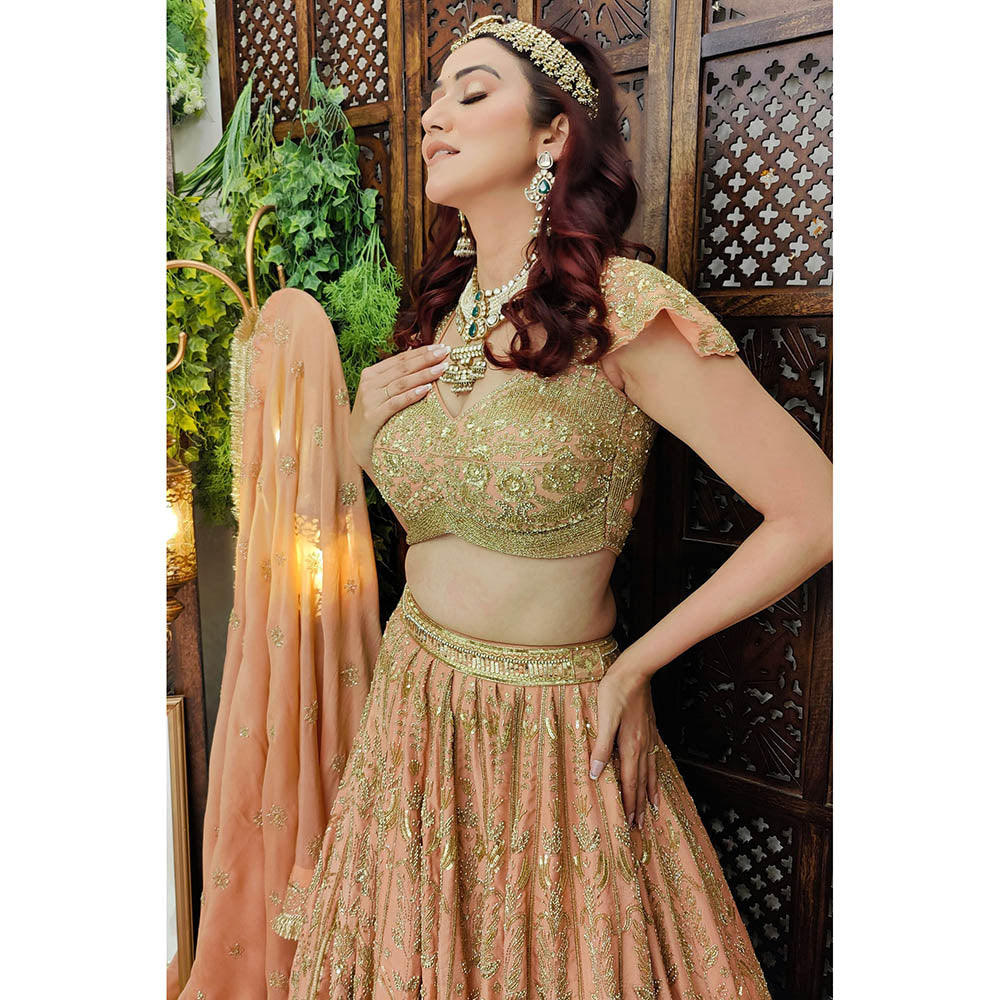 Amaltas Couture Eshaal Peach Embroidered Blouse with Lehenga and Dupatta (Set of 3)