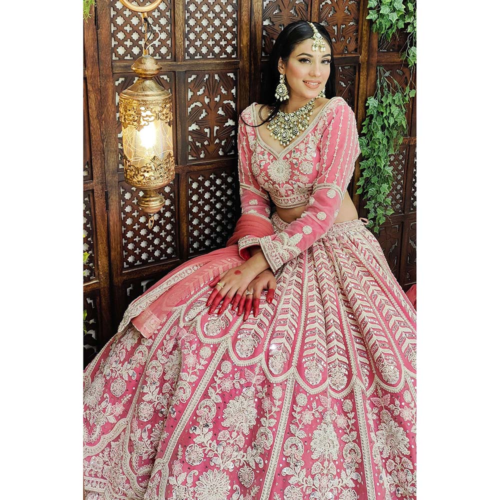 Amaltas Couture Naaz Flamingo Pink Embroidered Blouse with Lehenga and Dupatta (Set of 3)