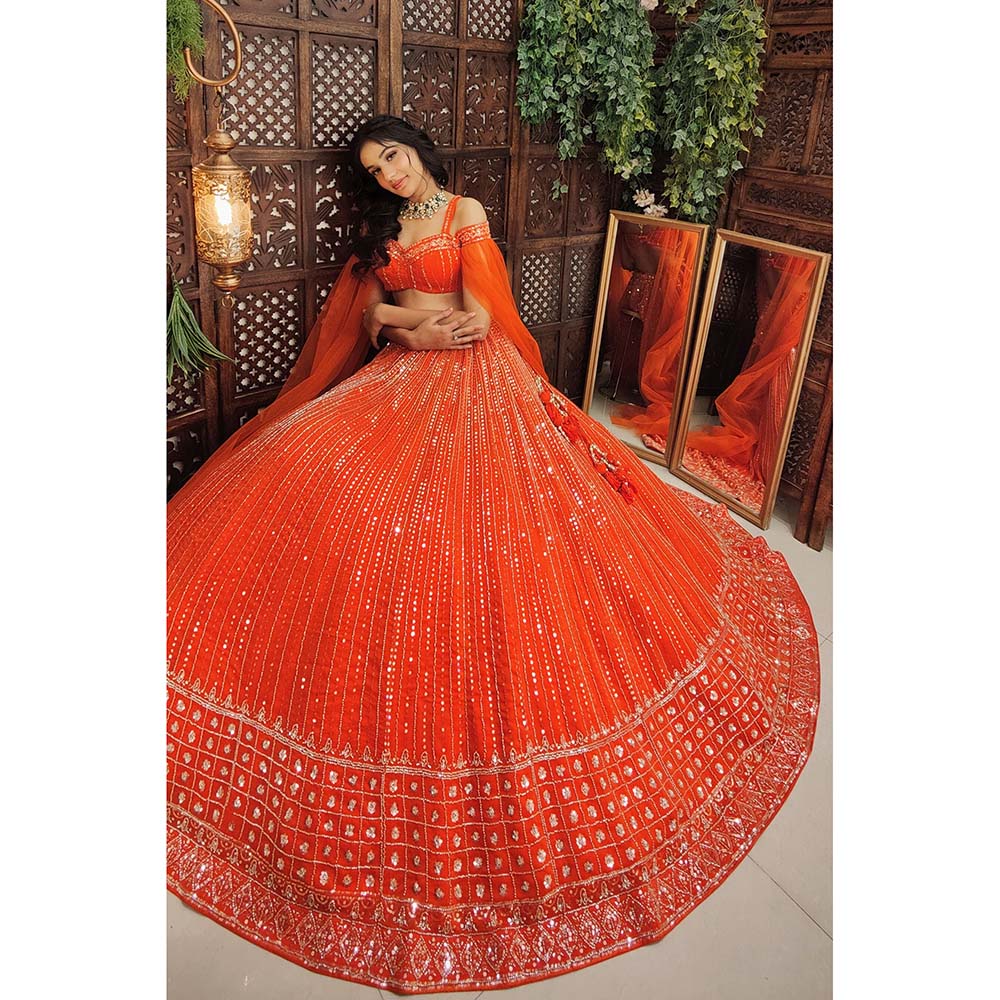 Amaltas Couture Isla Organza Orange Embroidered Blouse with Lehenga (Set of 2)