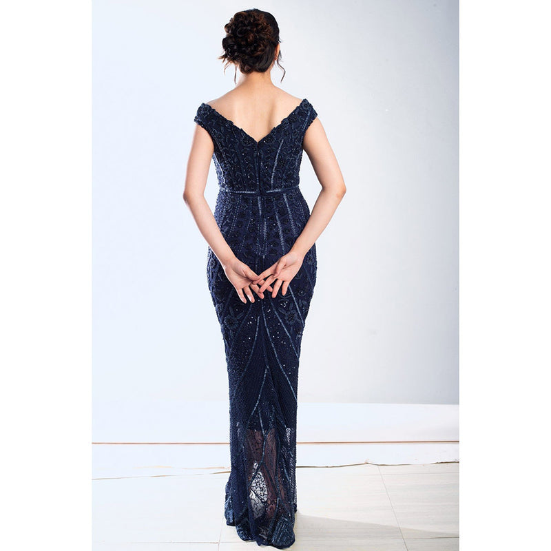 Ambrosia Hand Beaded Embellished Mid Night Navy Blue Long Gown