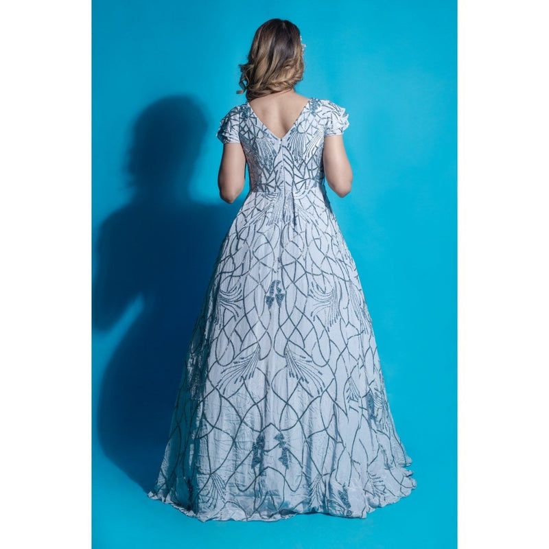 Ambrosia Hand Embellished Cool Blue Long Gown with Beaded Ruffled Sleeves