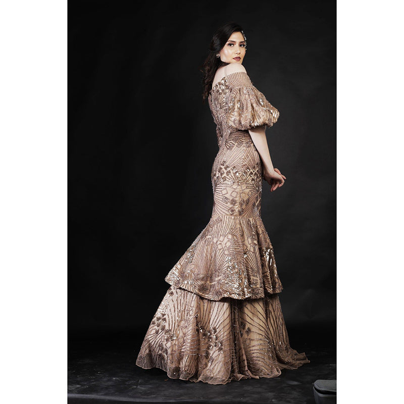 Ambrosia Hand Embellished Gold Layered Long Gown with Intricate Bead Work