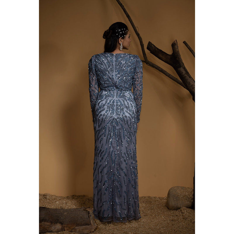 Ambrosia Hand Embellished Ice Blue Long Gown with Full Sleeves