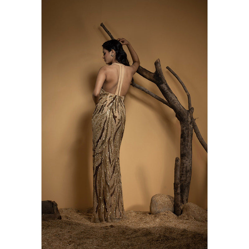 Ambrosia Hand Embellished Golden Sleeveless Long Gown with Intricate Beads Work