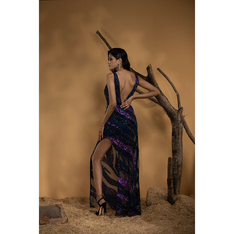 Ambrosia Hand Embellished Navy Blue High Slit Gown