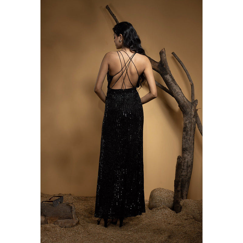 Ambrosia Hand Embellished High Slit Black Sequence & Beaded V-Neck Gown