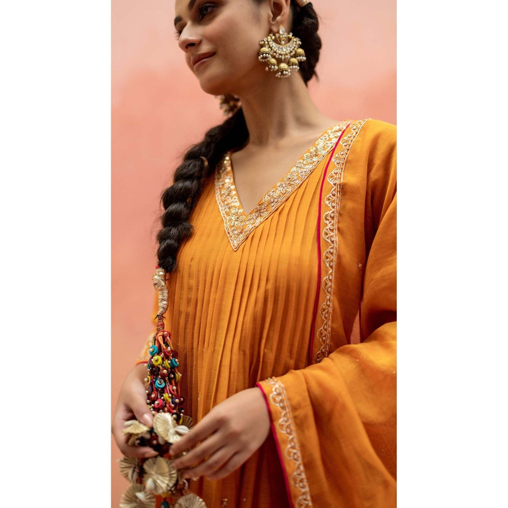 AM by Anita Mittal Yellow Sitara A-Line Kurta with Pant and Dupatta