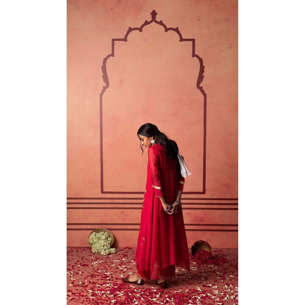 AM by Anita Mittal Red Chanderi Niva Kurta with Pant and Dupatta