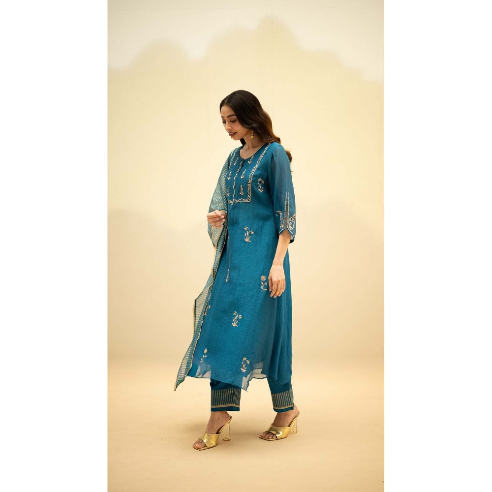 AM by Anita Mittal Teal Chanderi Chandini Kurta with Pant and Dupatta