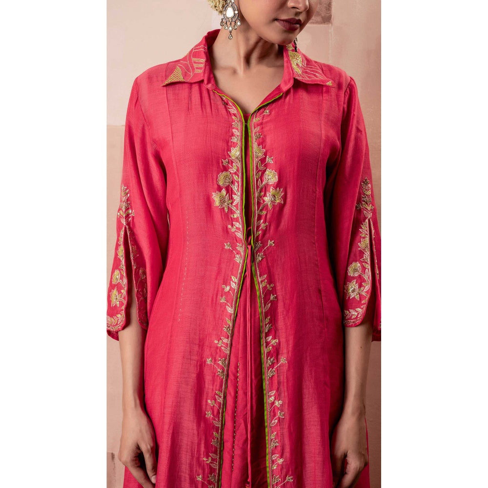 AM by Anita Mittal Pink Chanderi Tara Jacket Inner with Jacket and Pant