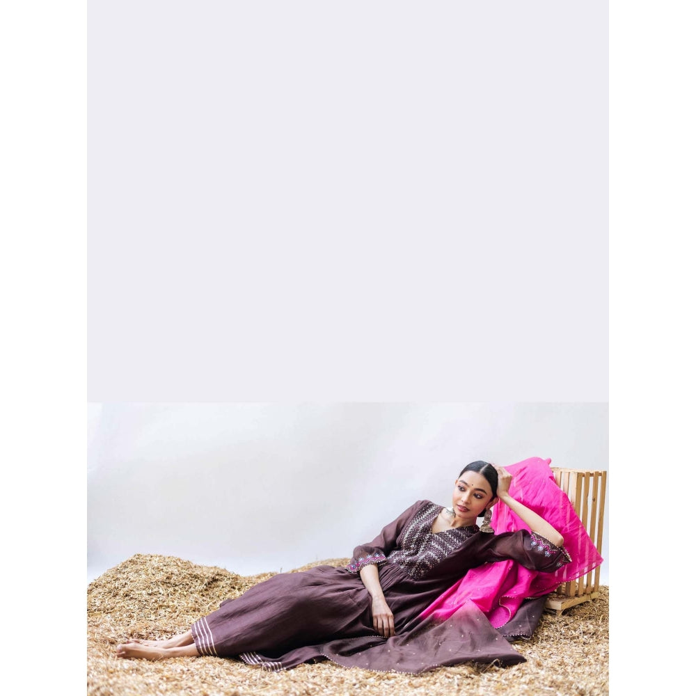 AM by Anita Mittal Brown Mul Aqsa A-Line Kurta with Pant and Dupatta