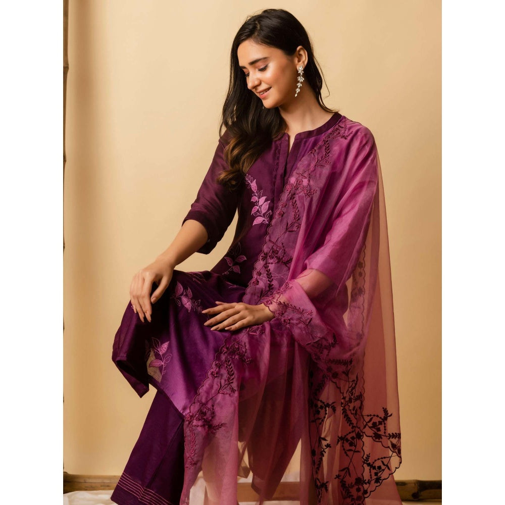 AM by Anita Mittal Wine Leaf Applique Kurta with Pant and Dupatta