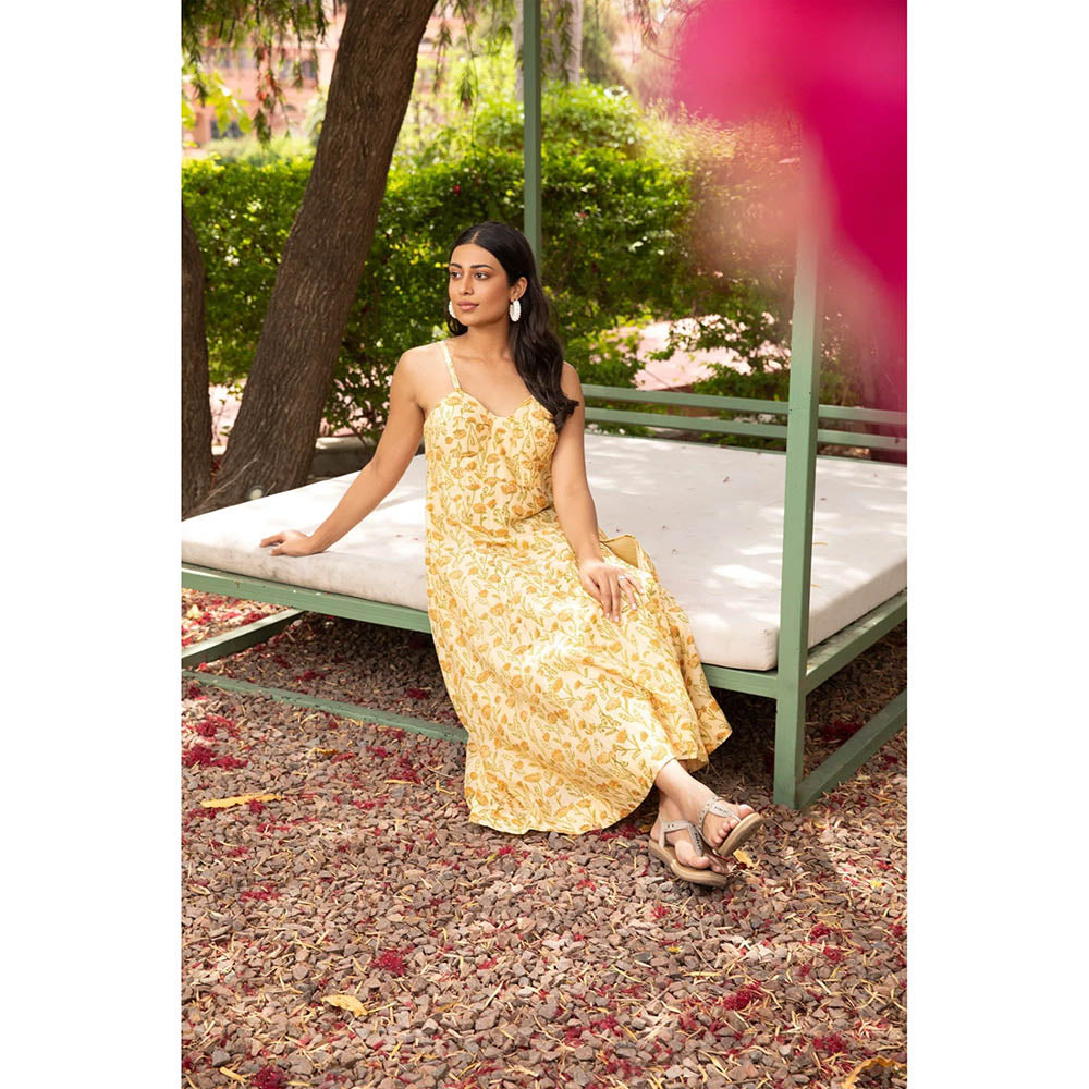 Amoree Yellow Hand Block Print Floral Dress